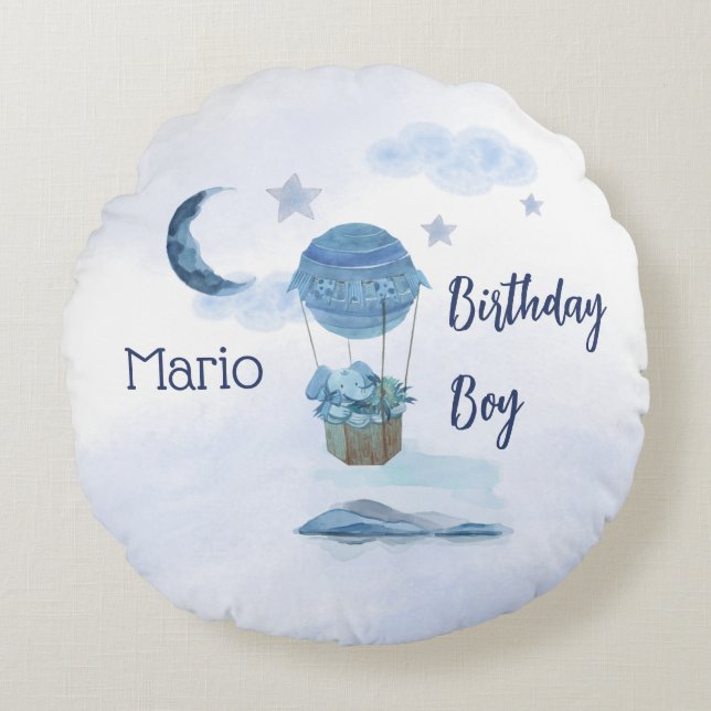 Blå måne lilla elefantfödelsedag rund kudde (Framsidan)