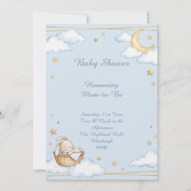 Blå Måne Och Stjärnor Baby Shower Inbjudningar (Framsida)