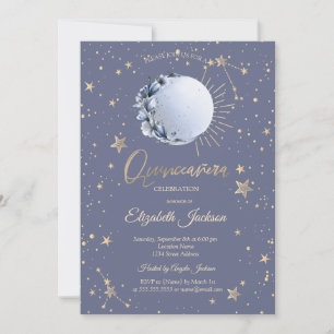 Blå måne, stjärnor Blomma Pastell Quinceanera Inbjudningar