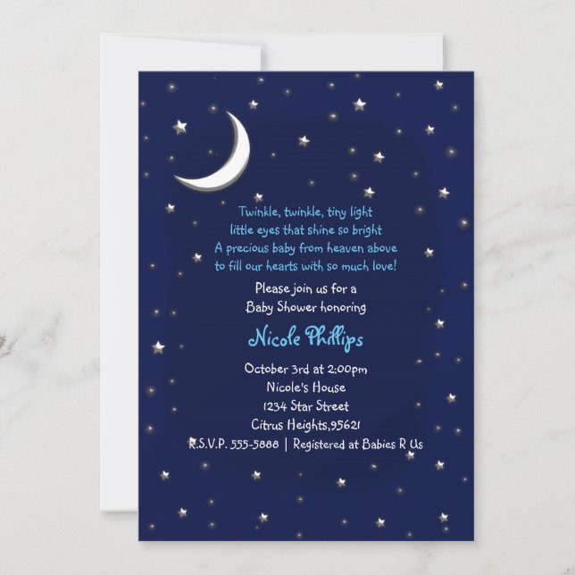 Blå Måne & Stjärnor Celestial Baby Shower Inbjudan (Framsida)