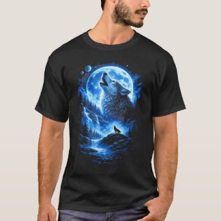 Blå Måne Varg som ylar Skogs Vattenfall Natthimmel T Shirt