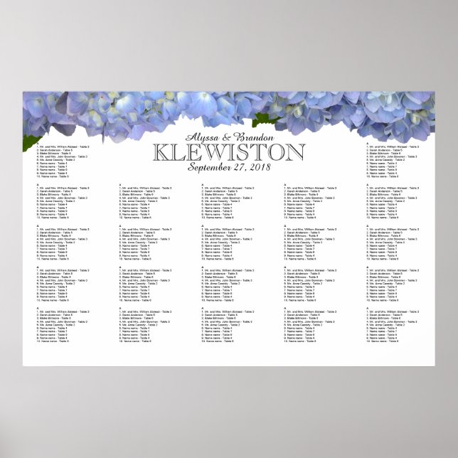 Blå månens hortensia bröllopsplatskarta poster (Framsidan)