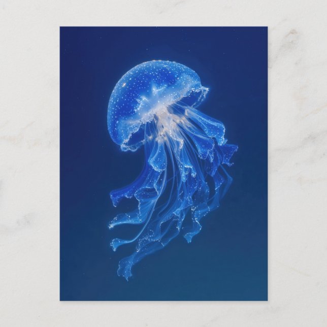 Blå maneter lyser i djup stjärnklar nattlig ocean vykort (Framsida)