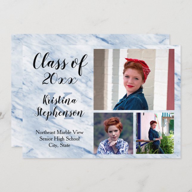 Blå marble 3 Photo School Studenten-meddelande Inbjudningar (Fram/baksida)