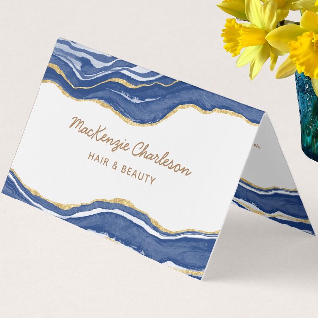 Blå marble Agate Guld Glitter QR-kod Visitkort (Navy indigo blue and white agate marble watercolor custom text QR code business card)