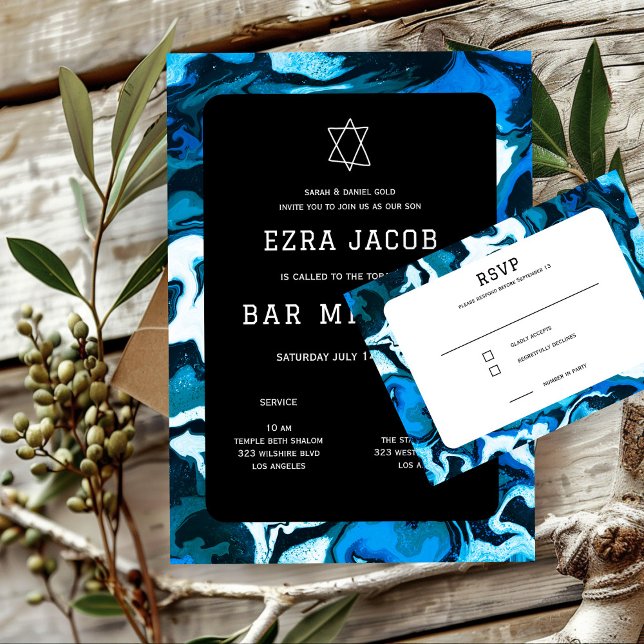 Blå marble Star av David Anpassningsbar Pub Bat mi Inbjudningar (Blue Marble Star of David Custom Bar Bat Mitzvah Invitation
)