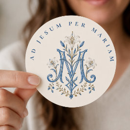 Blå Mariamonogram katolska liljor Runt Klistermärke