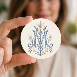 Blå Marian Monogram Katolska Liljor Runt Klistermärke