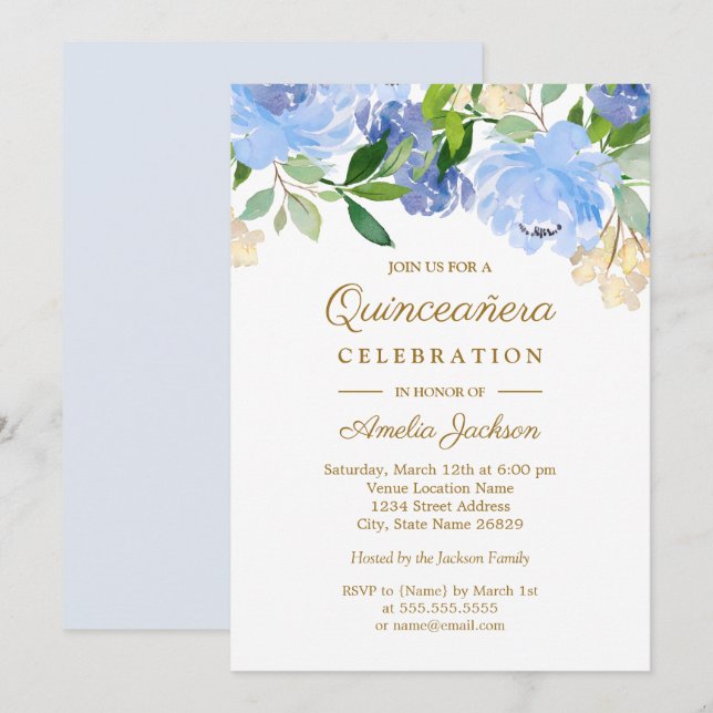 Blå marin akvarell blomster Quinceanera Inbjudningar (Fram/baksida)