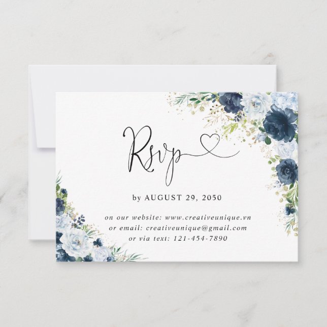 Blå Marin Blommig Bröllops Online RSVP-kort OSA Kort (Framsida)