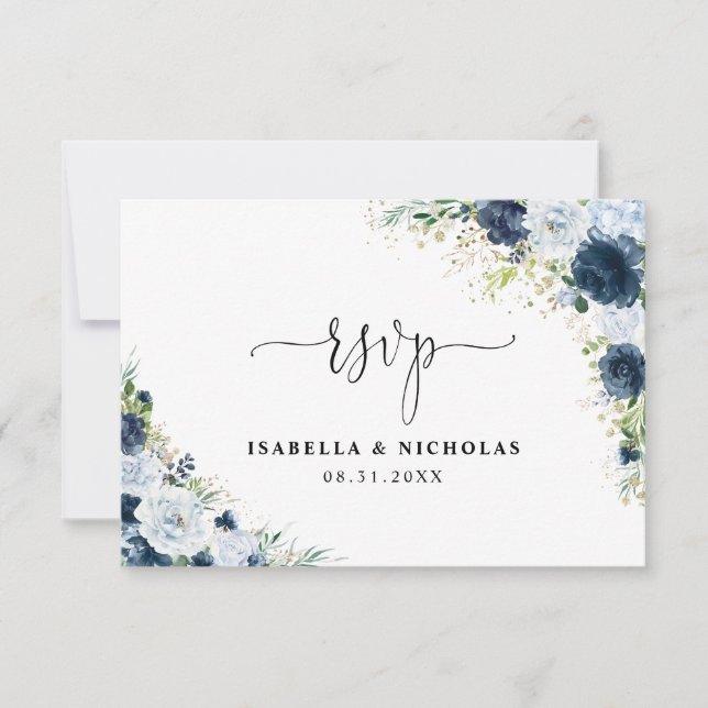 Blå Marin Blommig Bröllops RSVP-kort OSA Kort (Framsida)