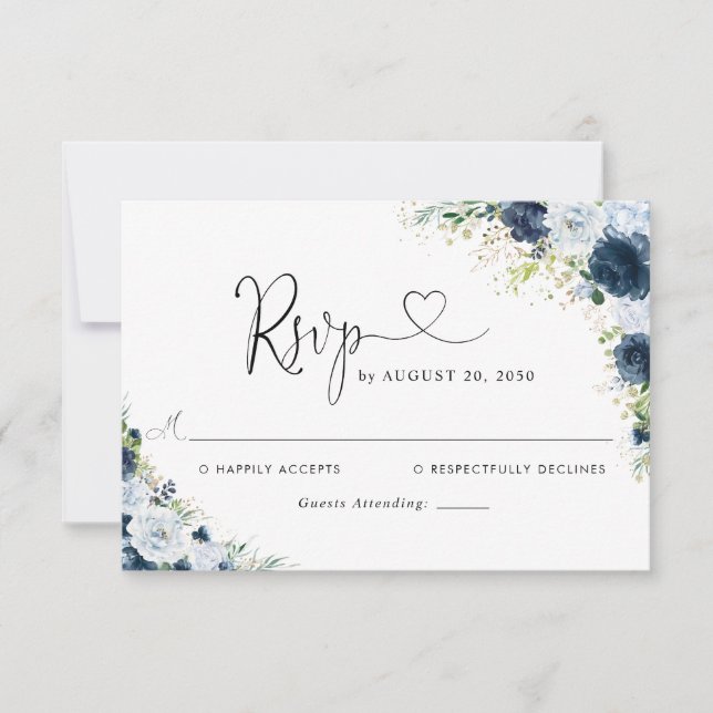 Blå Marin Blommig Bröllops RSVP-kort OSA Kort (Framsida)