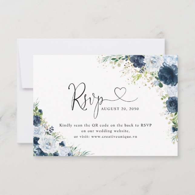Blå Marin Blommig Bröllopswebbplats QR-kod RSVP  OSA Kort (Framsida)