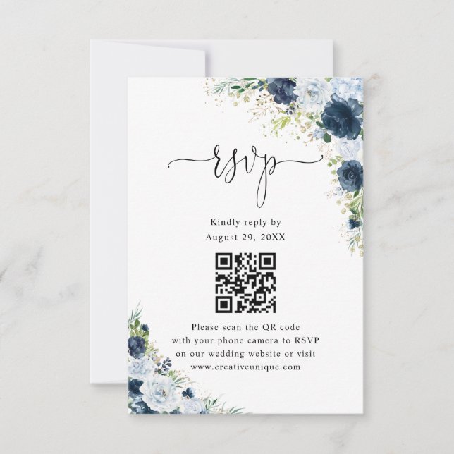 Blå Marin Blommig Bröllopswebbplats QR-kod RSVP  OSA Kort (Framsida)