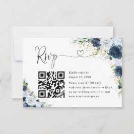Blå Marin Blommig Bröllopswebbplats QR-kod RSVP OSA Kort