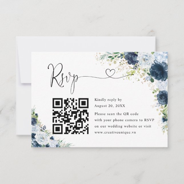Blå Marin Blommig Bröllopswebbplats QR-kod RSVP  OSA Kort (Framsida)