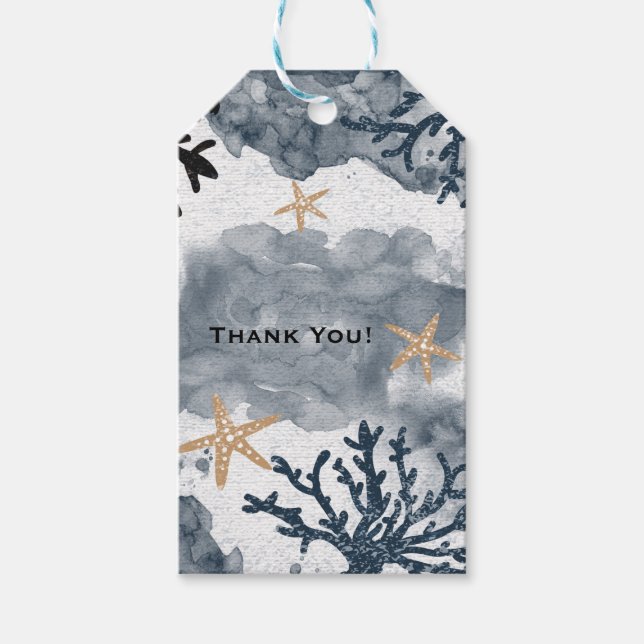 Blå Marin Korall Vattenfärg Elegant Fest Presentetikett (Framsidan)