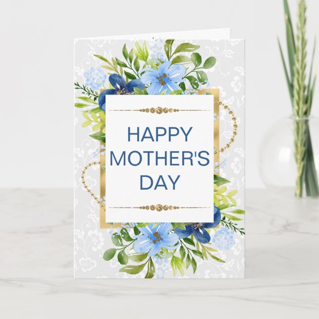 Blå & Marinblå Blommor & Guld Mors Dag Kort (Framsida)