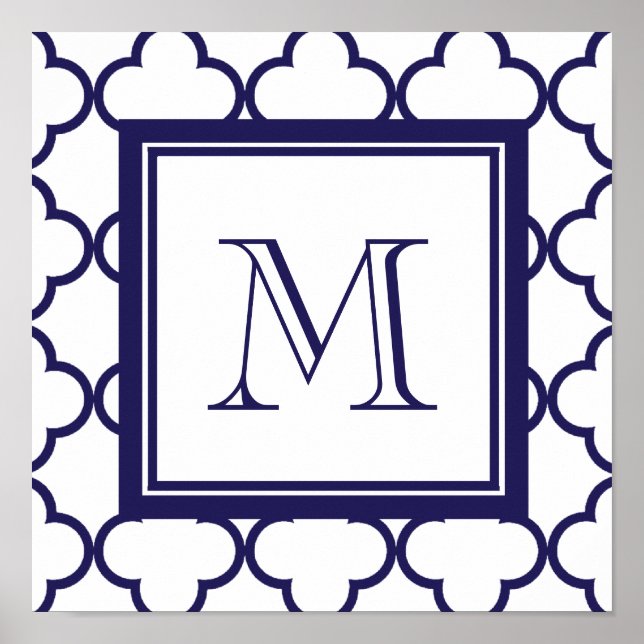 Blå marinblå, vit kvatrefoliil | Ditt monogram Poster (Framsidan)