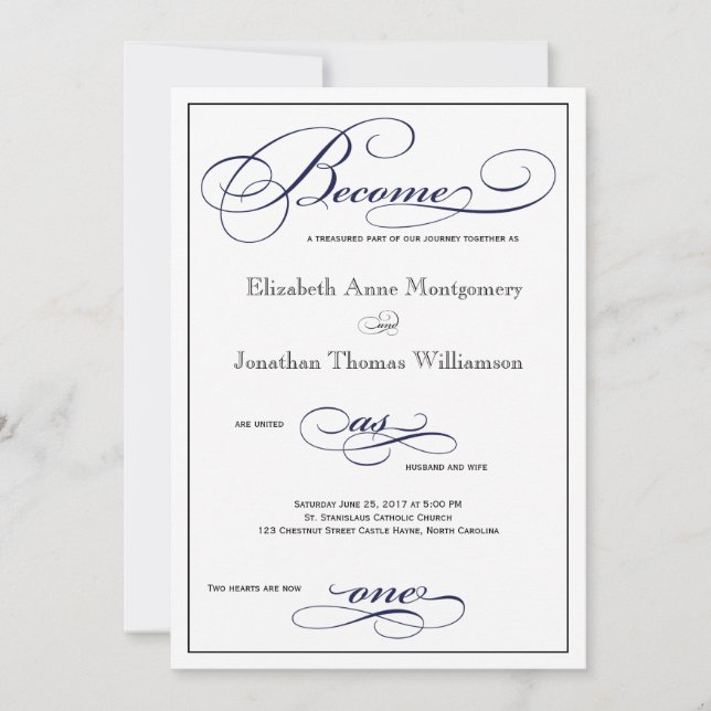 Blå marinblått blir en skript-bröllopsinbjudan inbjudningar (Framsida)