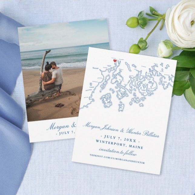 Blå marinblått i Winterport Maine Karta Spara Datumet (Winterport Maine Wedding Small Save the Date with Photo in elegant navy blue from Coastal Map Design)