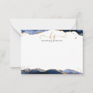 Blå marint agate Monogram Finare-skript Guld Glitt Anteckningskort