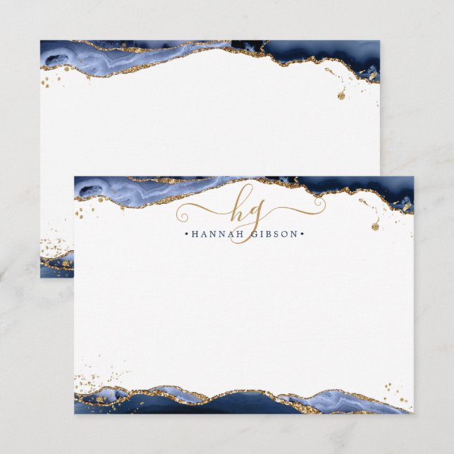 Blå marint agate Monogram Finare-skript Guld Glitt Anteckningskort (Fram/baksida)