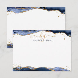 Blå marint agate Monogram Finare-skript Guld Glitt Anteckningskort