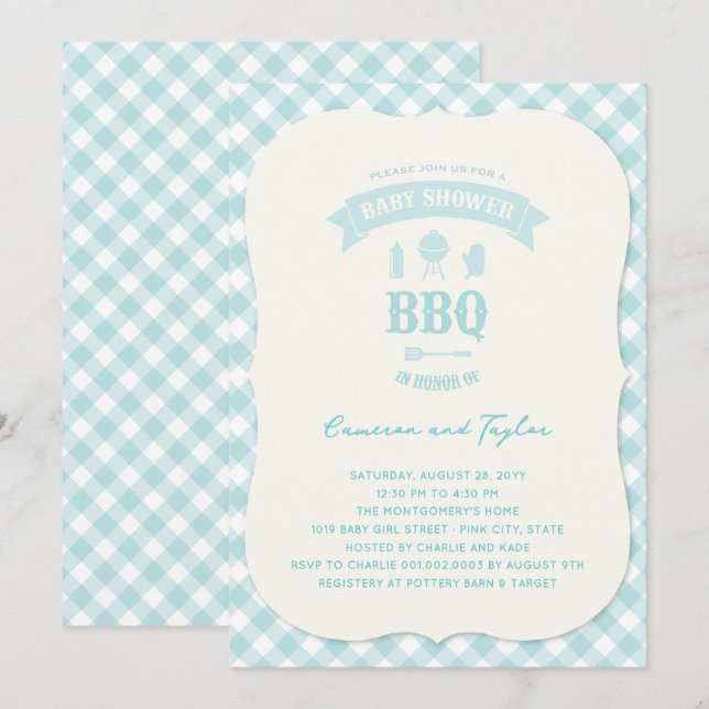 Blå Märken Grillning Pojke Baby Shower Sommarfest Inbjudningar (Fram/baksida)