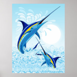 Blå Marlin hoppar ur havet Poster