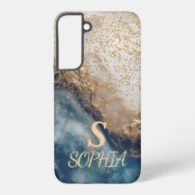 blå marmor chic guld glitter monogram