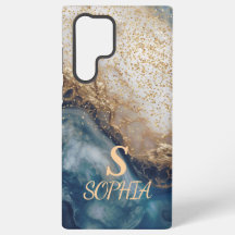 blå marmor chic guld glittermonogram