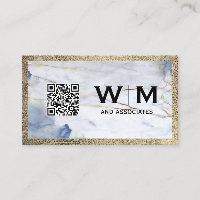 Blå Marmor | Läderresa | Monogram | QR-kod Visitkort (Framsida)