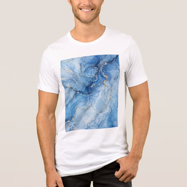 Blå marmor vattenfärg mönster med guldådror t shirt (Framsida)