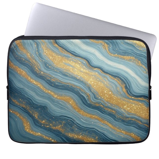 Blå marmorabstrakt med gyllene ådror laptop fodral (Framsidan)