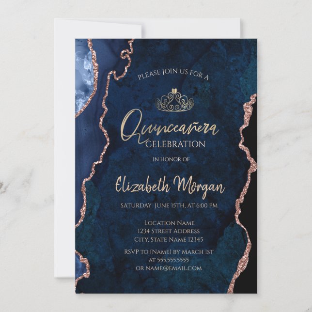 Blå marmoragat Roséguld Tiara Quinceañera  Inbjudningar (Framsida)
