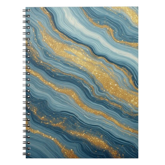 Blå marmorerad abstrakt med guldådror anteckningsbok (Framsidan)