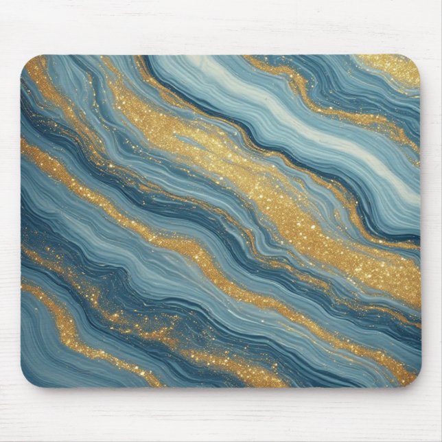 Blå marmorerad abstrakt med guldådror musmatta (Framsidan)