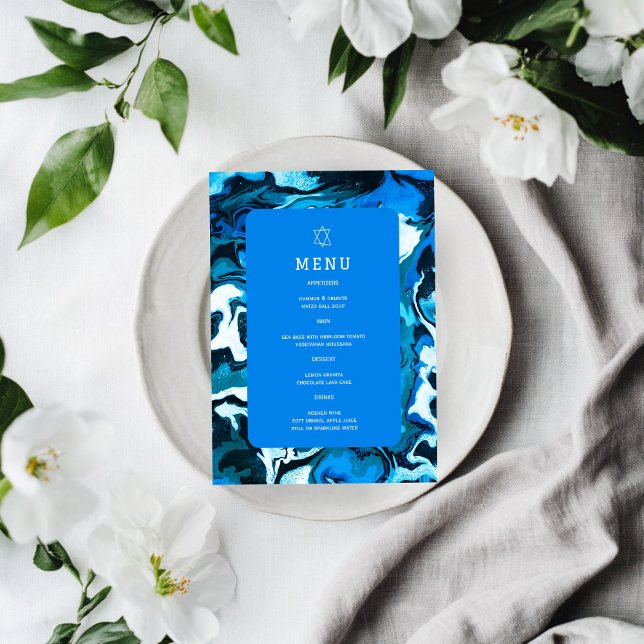 Blå Marmorkula Davidsstjärna Beställning Bar/Bat M Meny (Blue Marble Star of David Custom Bar Bat Mitzvah Jewish Wedding Event  Menu
)
