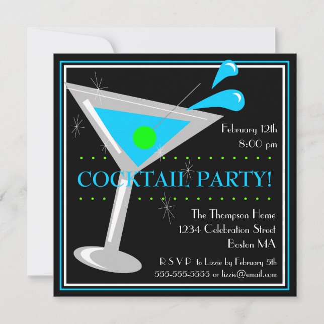 Blå Martini Cocktailfestin Inbjudan (Framsida)