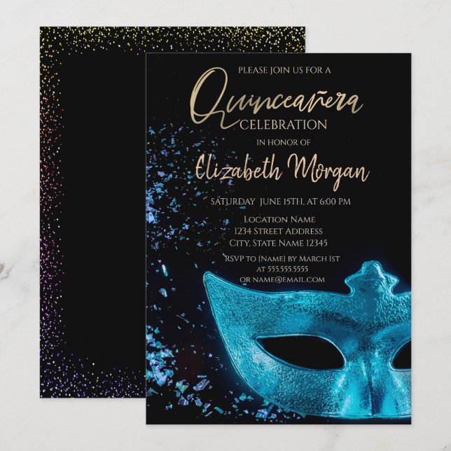 Blå mask,konfetti  Quinceañera  Inbjudningar (Fram/baksida)