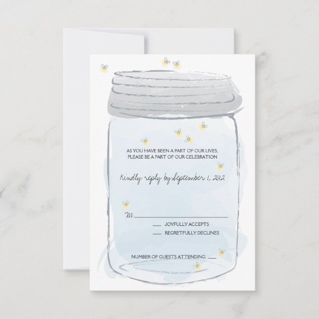 Blå Mason-burk & Glödande Lysande Wedding RSVP OSA Kort (Framsida)