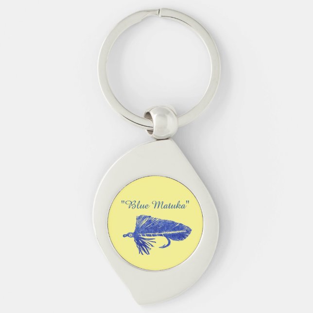 Blå Matuka-strömmare, flygbindning, flygfiske kons Swirl Silverfärgad Nyckelring (Framsidan)