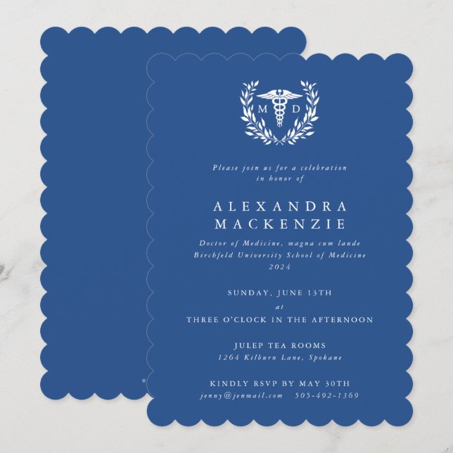 Blå MD Caduceus+Laurel Wansen Studenten Inbjudningar (Fram/baksida)