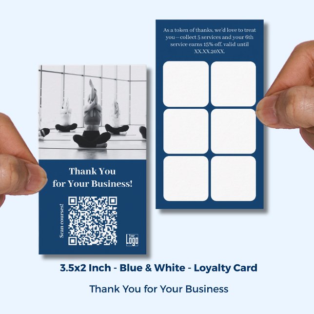 Blå med logotyp och QR - Gym tackkort Lojalitetskort (Blue with Logo & QR - Gym Thank You Loyalty Card; Size: 3.5x2 Inch)
