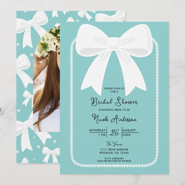 Blå med pärlor vita slingor Kokett bröllopsdusch Inbjudningar (Fram/baksida)