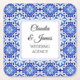 Blå Medelhavet Portugisisk Azulejo Akvarell  Underlägg Papper Kvadrat