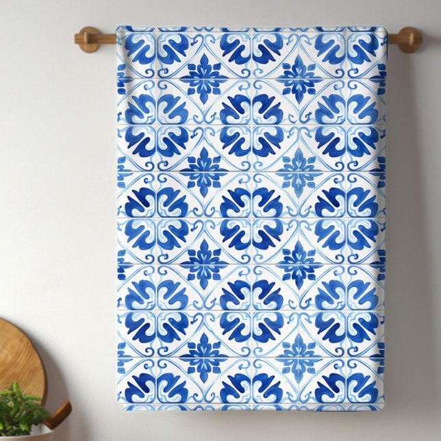 Blå Medelhavsbricka Kökshandduk (Pretty blue and white Mediterranean tile kitchen towel. )
