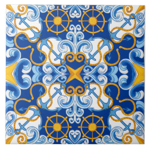 Blå Medelhavsbricka Mönster Kakelplatta
