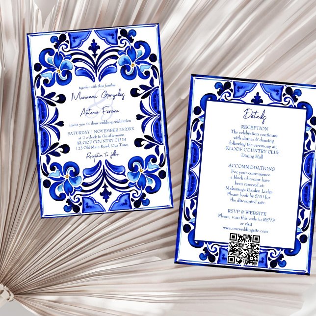 Blå Medelhavsbrickor i bröllop Inbjudningar (Blue Mediterranean French tiles all in one wedding Invitation template digital download qr RSVP)